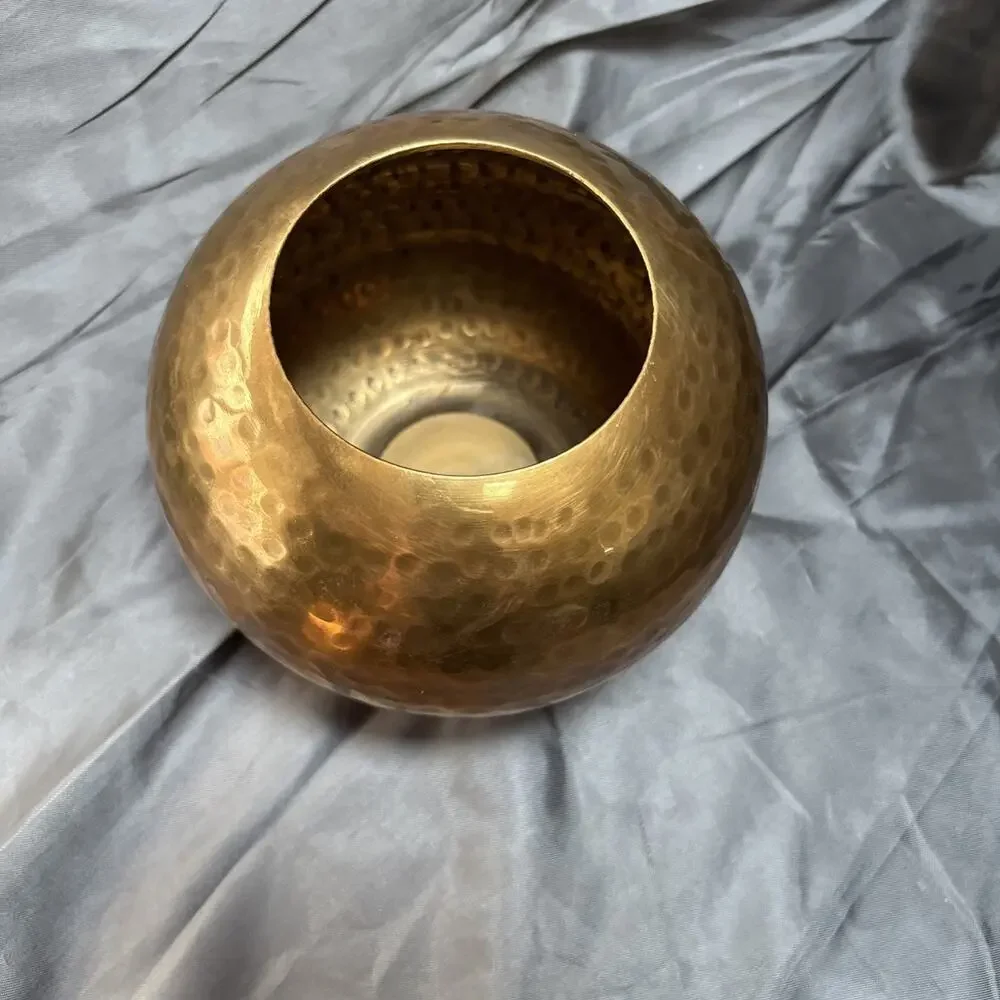 Vintage Hammered Brass Metal Ball Vase Planter Mid Century Modern India Made 5”